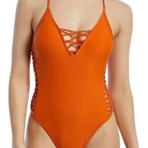 YMI Brand NWOT Women's Large CrissCross Knot Accent One Piece Swimsuit Orange